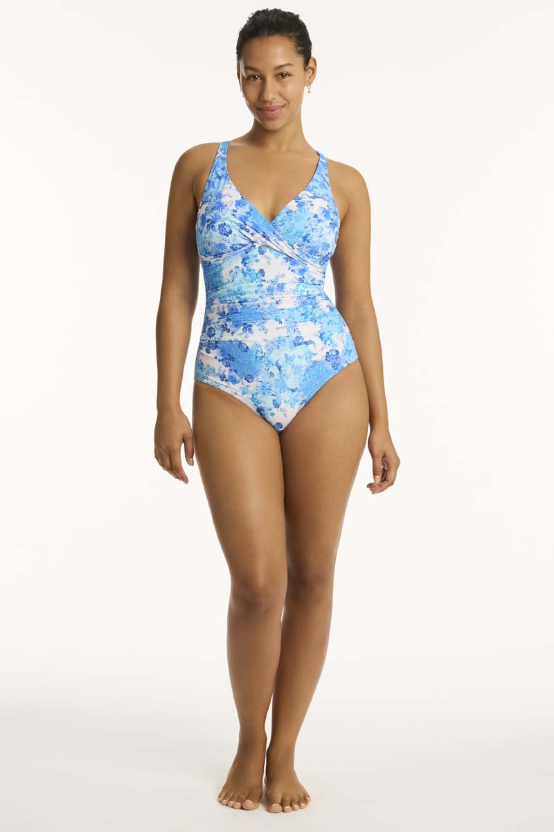 Daisyfield Cross Front One Piece - Daisyfield Blue - Sea Level Australia 