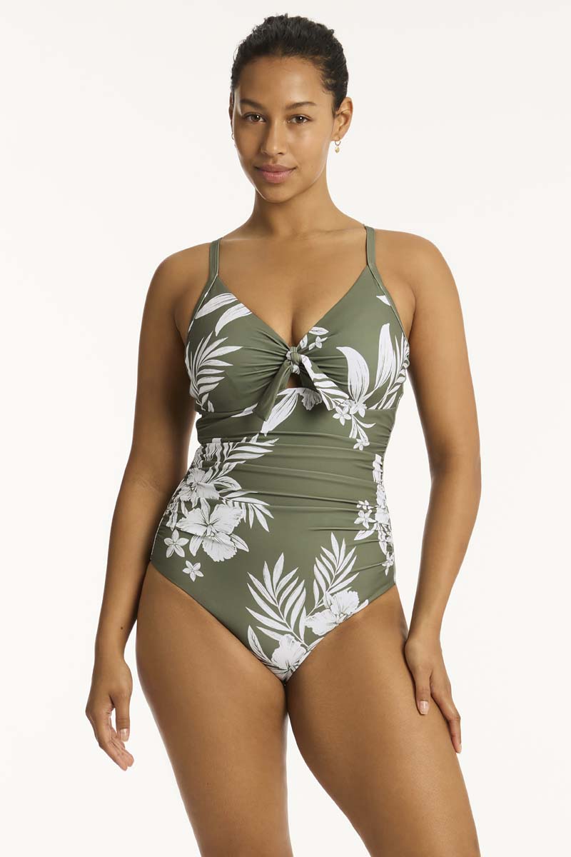 Aloha Tie Front DD/E One Piece - Aloha Khaki - Sea Level Australia 