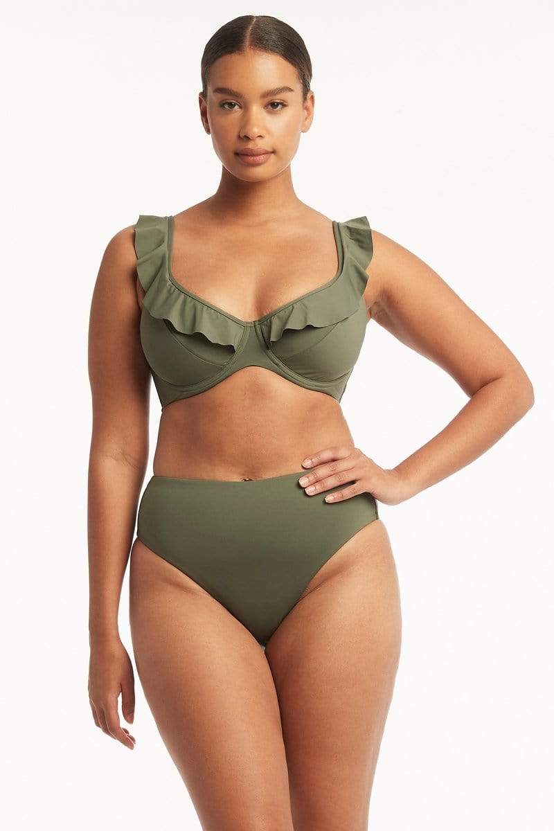 Eco Essentials F Cup Frill Underwire Bra in Eco Essentials Khaki | Sea Level Australia 