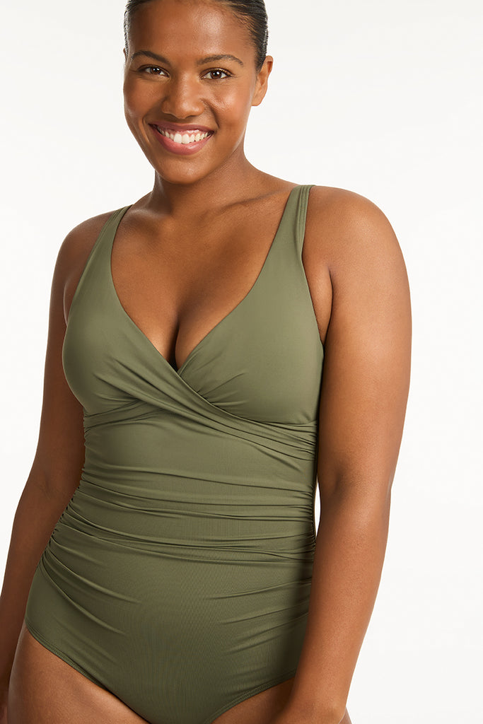 Plus Size Ruched Surplice Neck One-Piece Swimsuit – Sunset and Swim