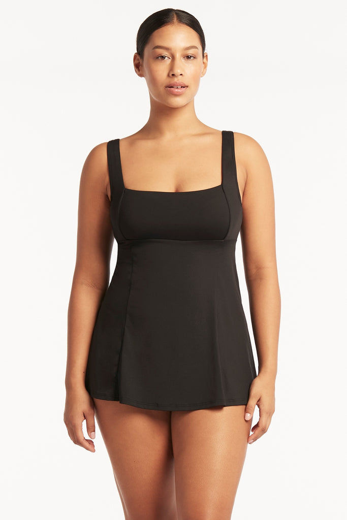 Eco Essentials Square Neck Tummy Control Swim Dress – Black – Sea